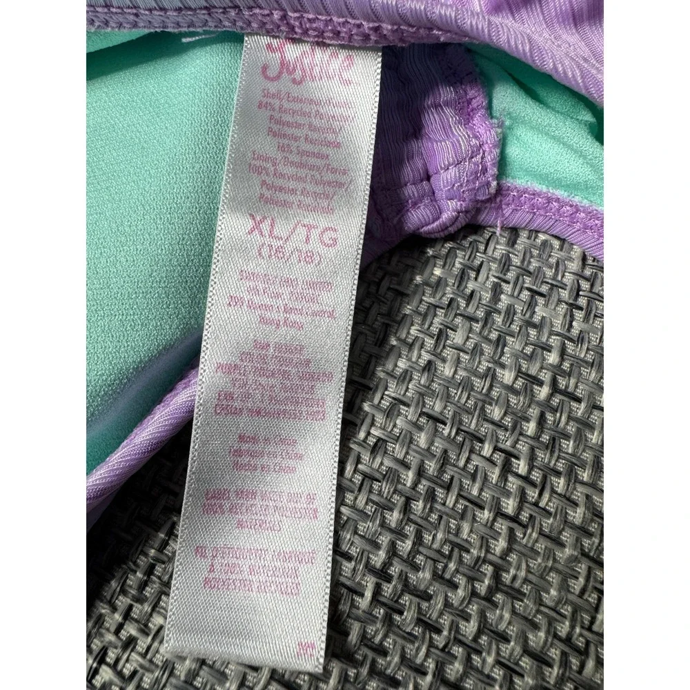 Justice Beach Girls One Piece Swimsuit Purple Mint Ribbed Ruched Halter XL 14/16